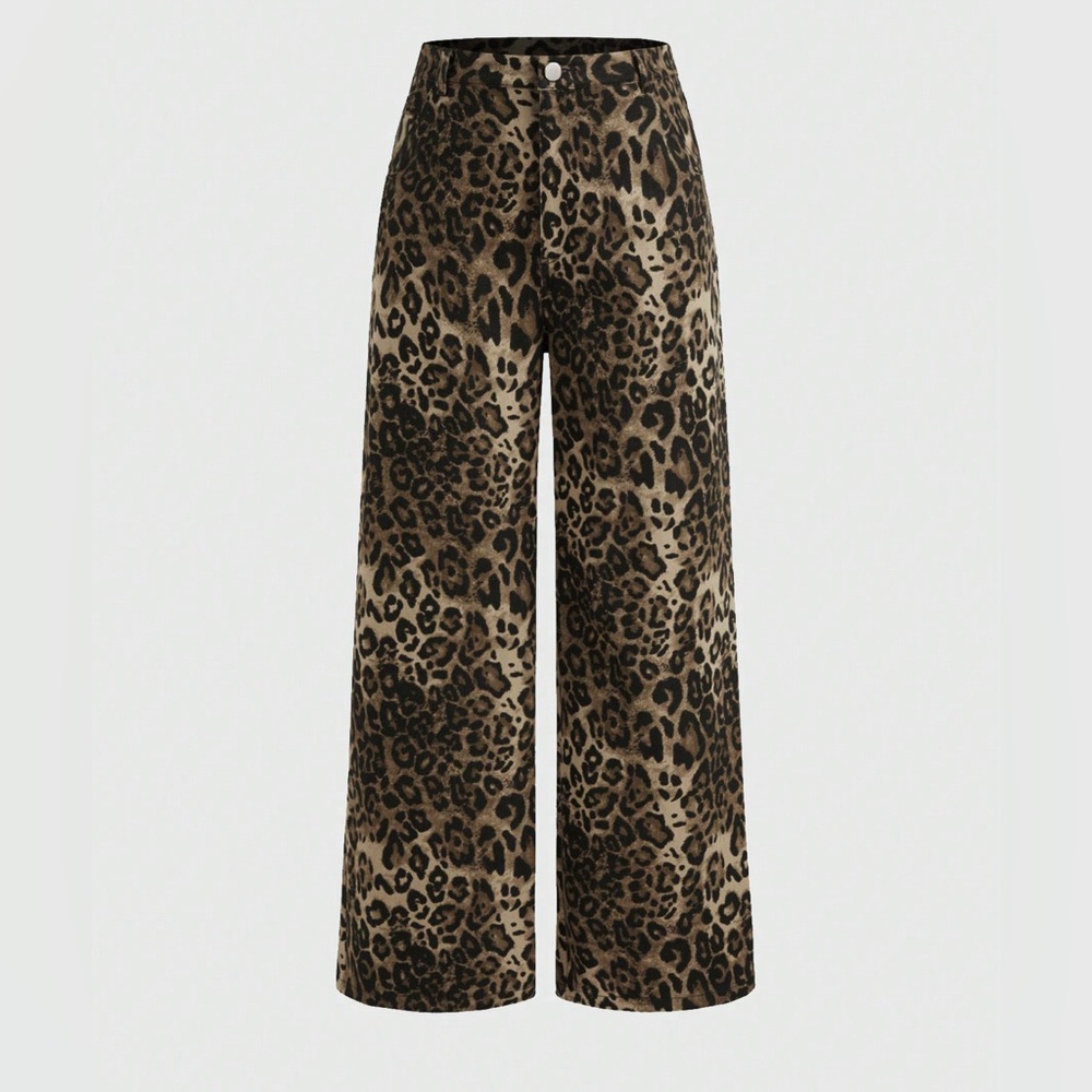 Brown black leopard cheetah denim jean like straight / wide pants - Picture 4 of 5
